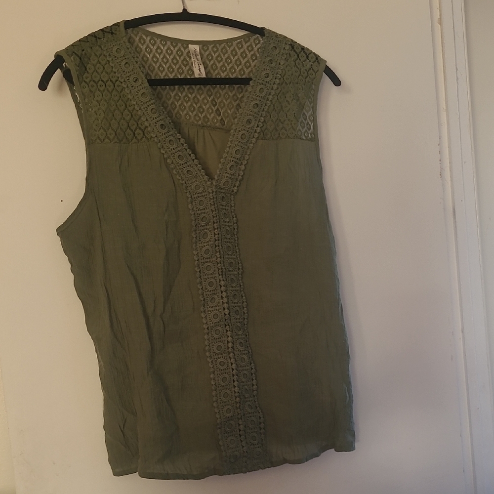PerSeption Concept Olive Green Crochet-Trim Sleeveless Tank